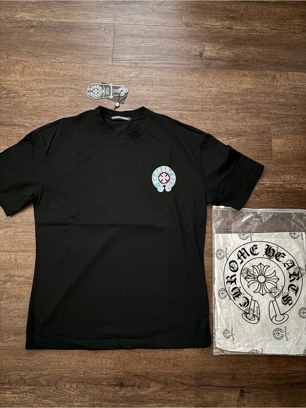 Chrome Hearts Black Tee with Pink & Teal Back Emblem